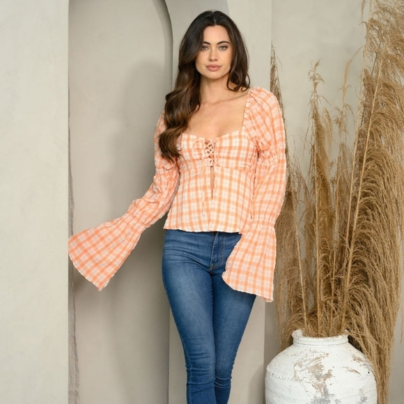 Orange Plaid Boho Blouse | Bell Sleeve Lace-Up Top - Picture 4 of 7